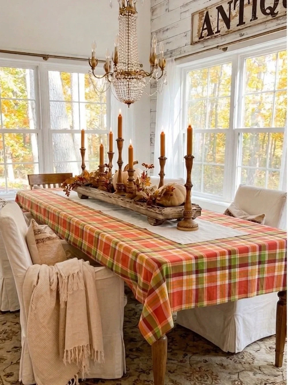Autumn Tablecloth Fall Plaid Traditional Farmhouse Boho Cottage Tan 110” x 85”